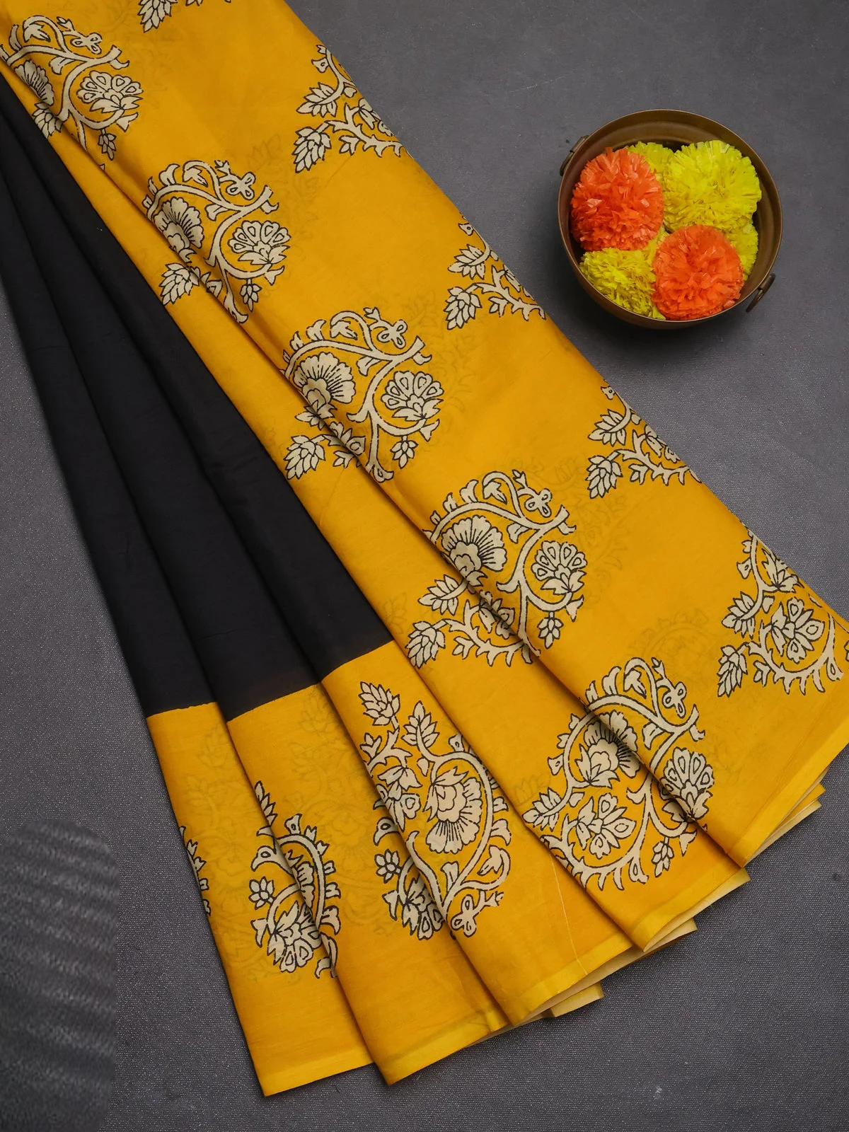 Jaipur Cotton Saree - Black and Mustard Yellow